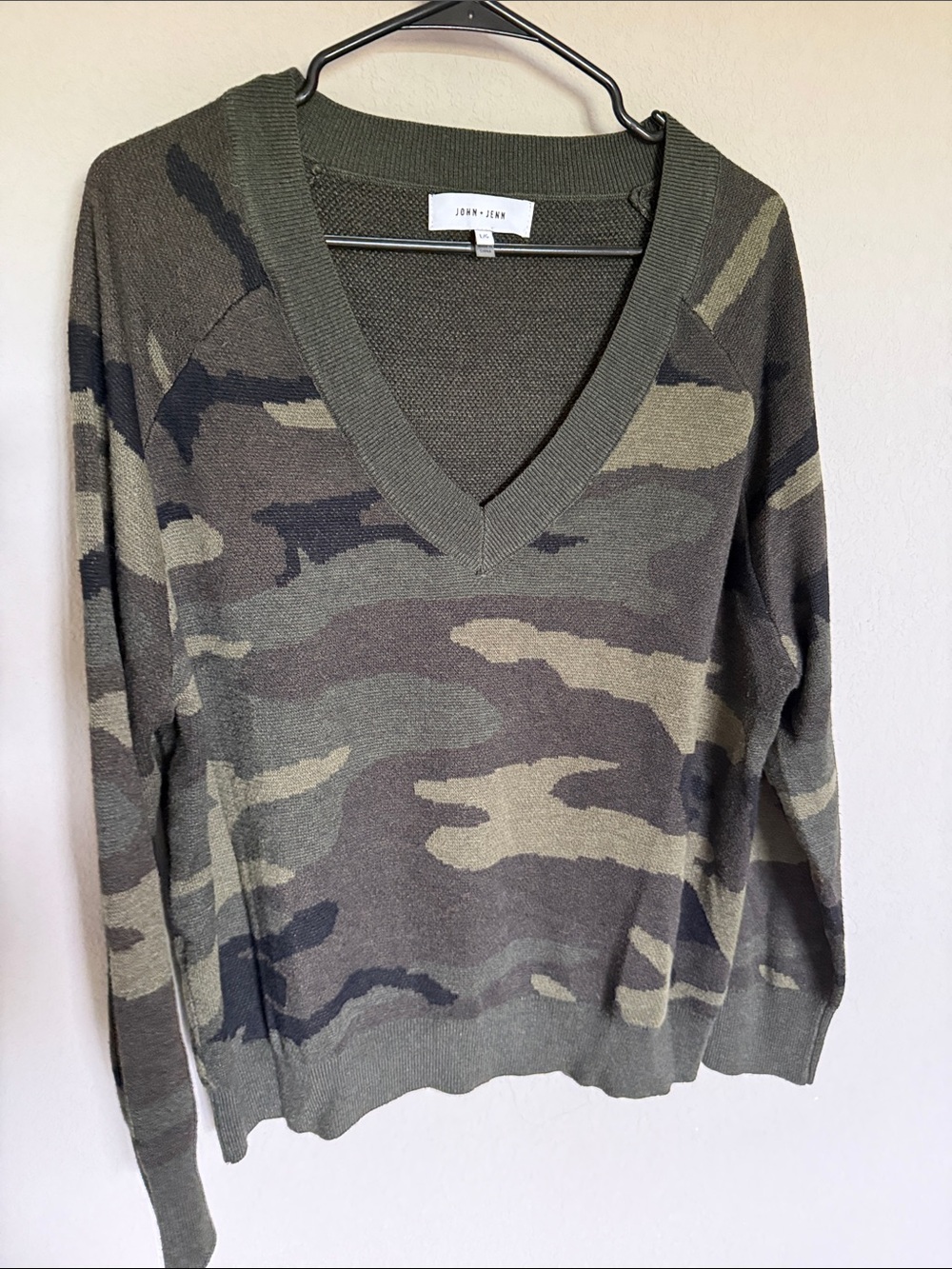 John + Jenn Olive Green Camo V-Neck Sweater